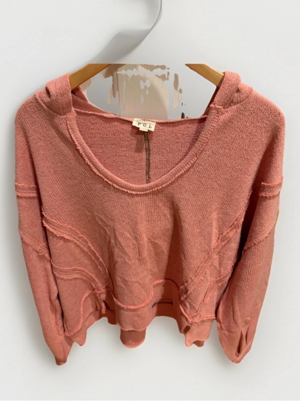 POL Coral-Pink Knit Hoodie Pullover, Size Small Oversized